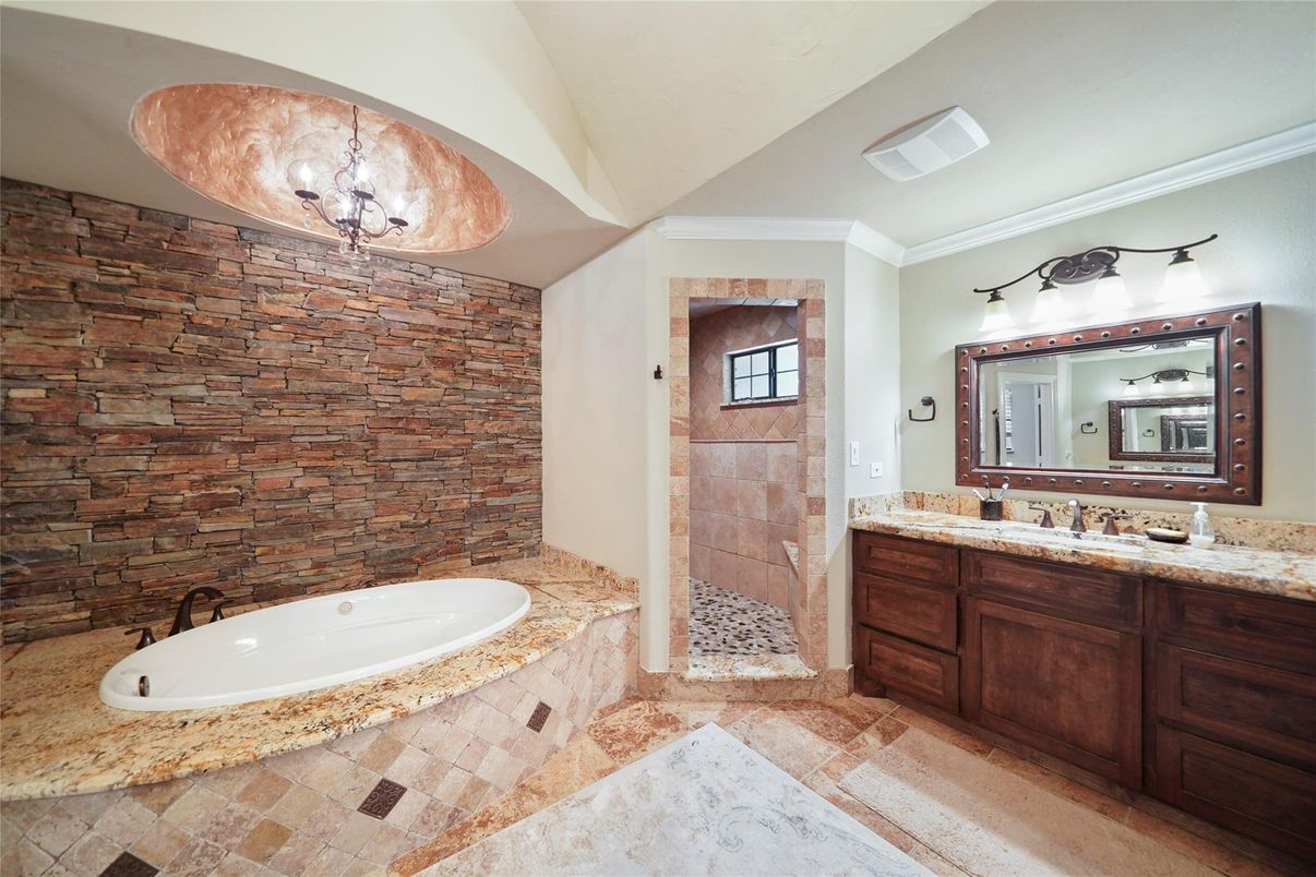 Bathroom, Dual Sink Vanities, Interior, Stone Walls