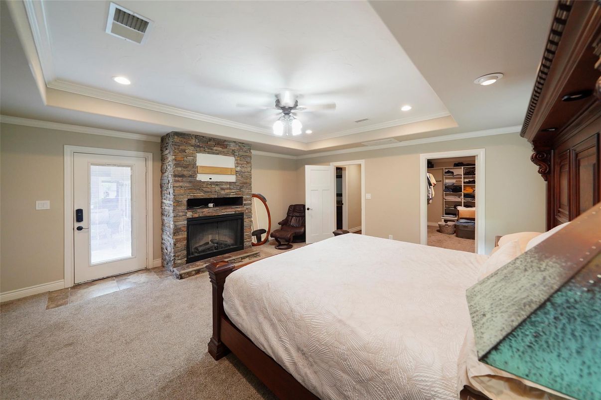 Bedroom, Fireplace, Interior, Recessed Lighting, Stone Walls
