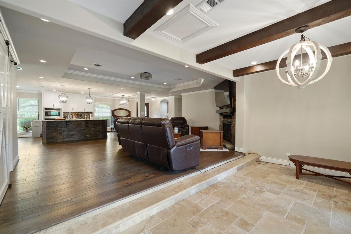 Fireplace, Interior, Living room, Pendant Lights, Recessed Lighting, Wooden Beams, Wood Texture Flooring