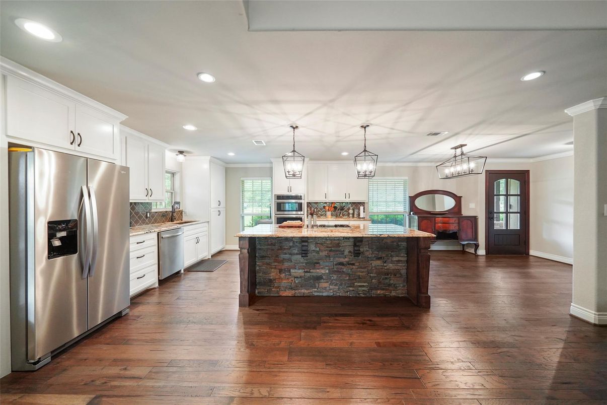 Interior, Kitchen, Pendant Lights, Recessed Lighting, Stainless Steel Appliances, Wood Texture Flooring