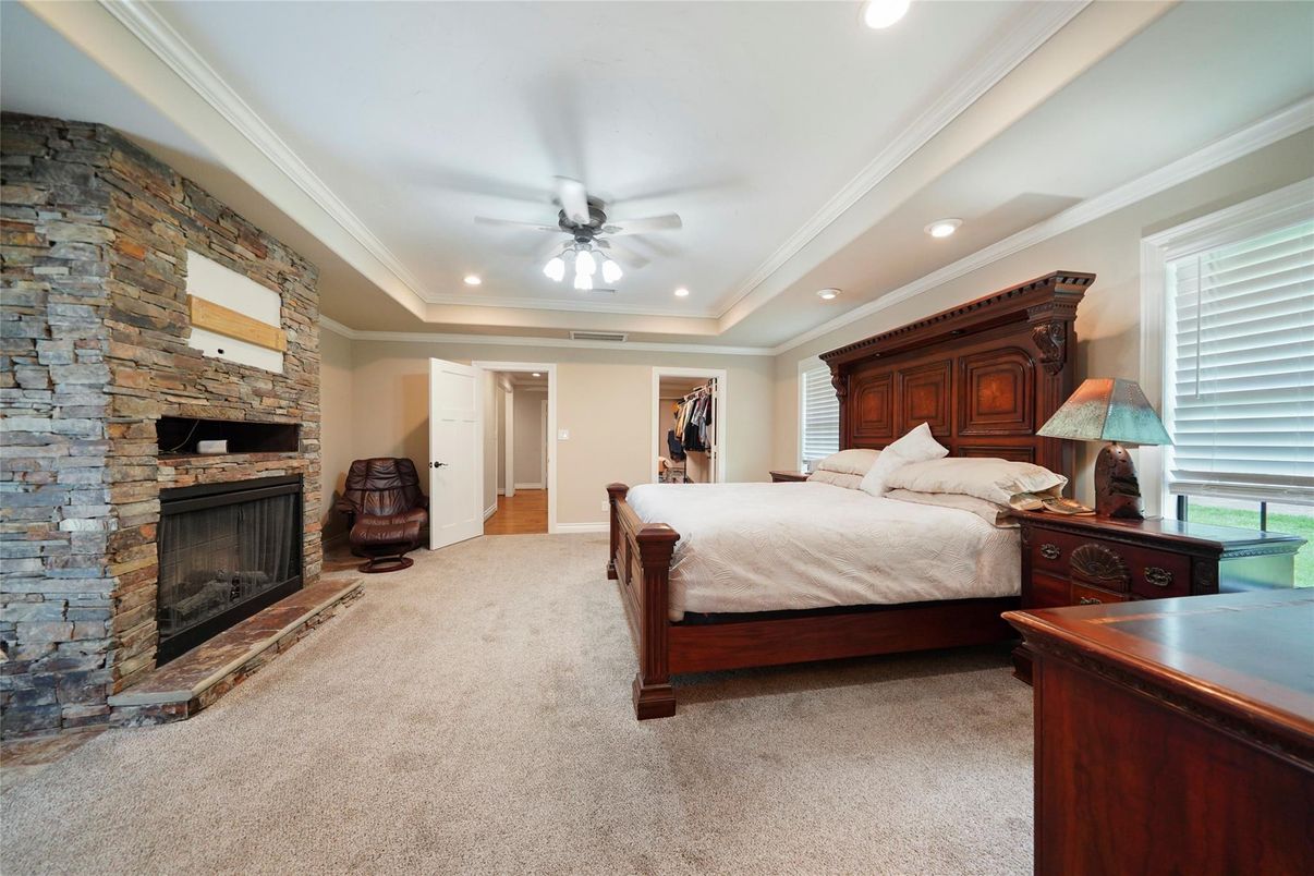 Bedroom, Fireplace, Interior, Recessed Lighting, Stone Walls