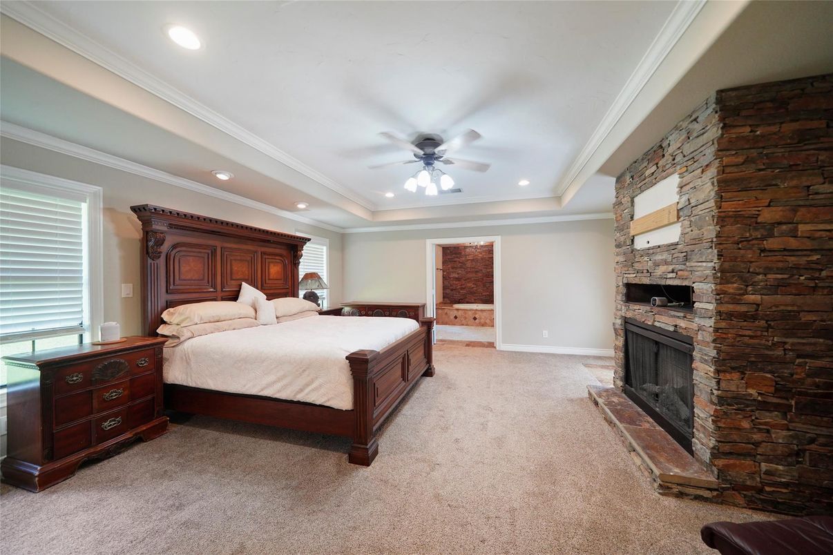 Bedroom, Fireplace, Interior, Recessed Lighting, Stone Walls