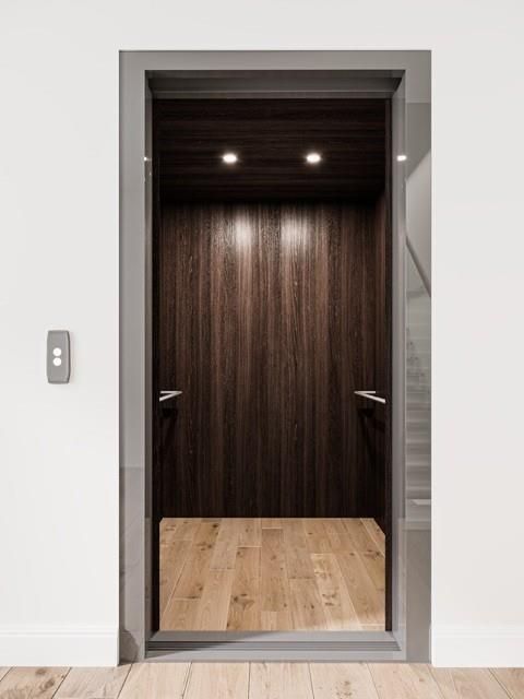 Elevator, Interior, Recessed Lighting, Wooden Ceilings, Wood Texture Flooring, Wooden Walls