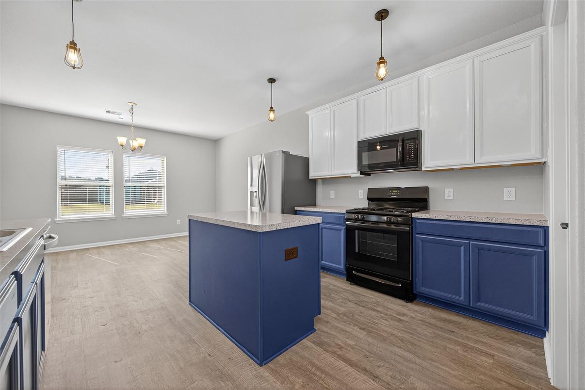 Chandelier, Interior, Kitchen, Pendant Lights, Stainless Steel Appliances, Wood Texture Flooring