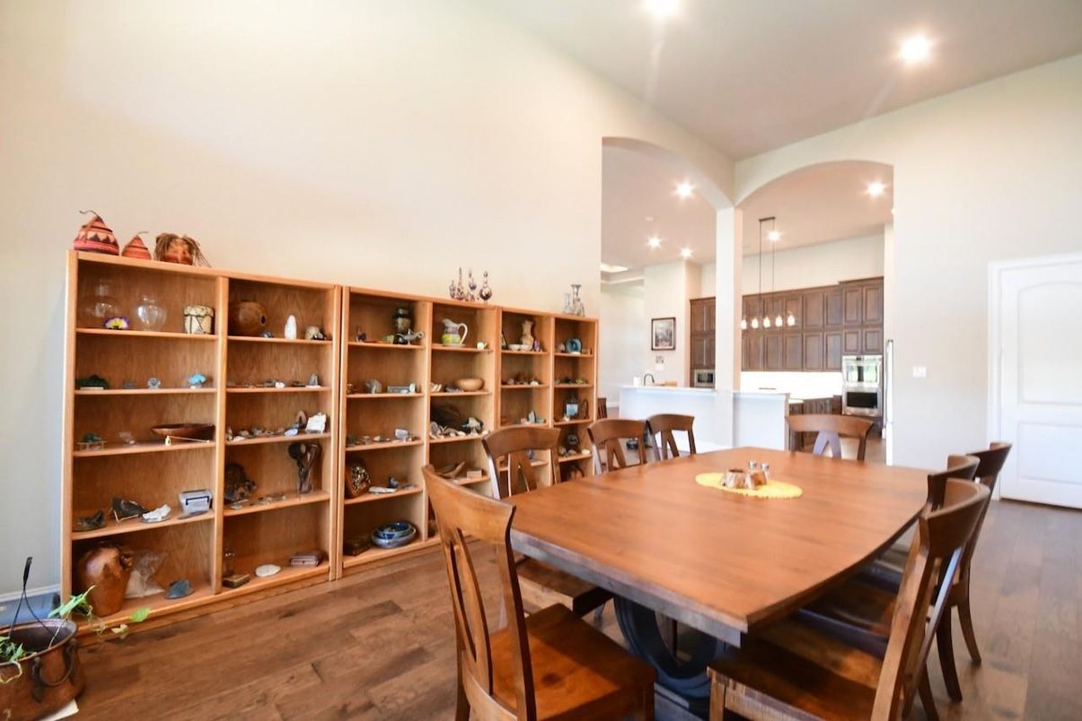 Dining room, Interior, Pendant Lights, Recessed Lighting, Wood Texture Flooring
