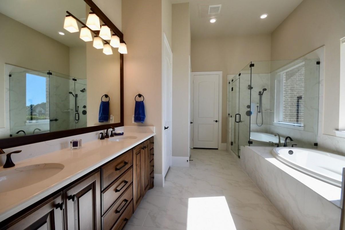 Bathroom, Dual Sink Vanities, Glass Shower, Interior, Marble, Recessed Lighting