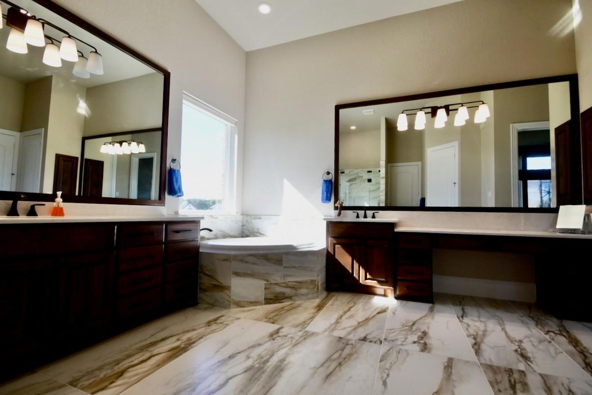 Bathroom, Dual Sink Vanities, Interior, Marble, Recessed Lighting