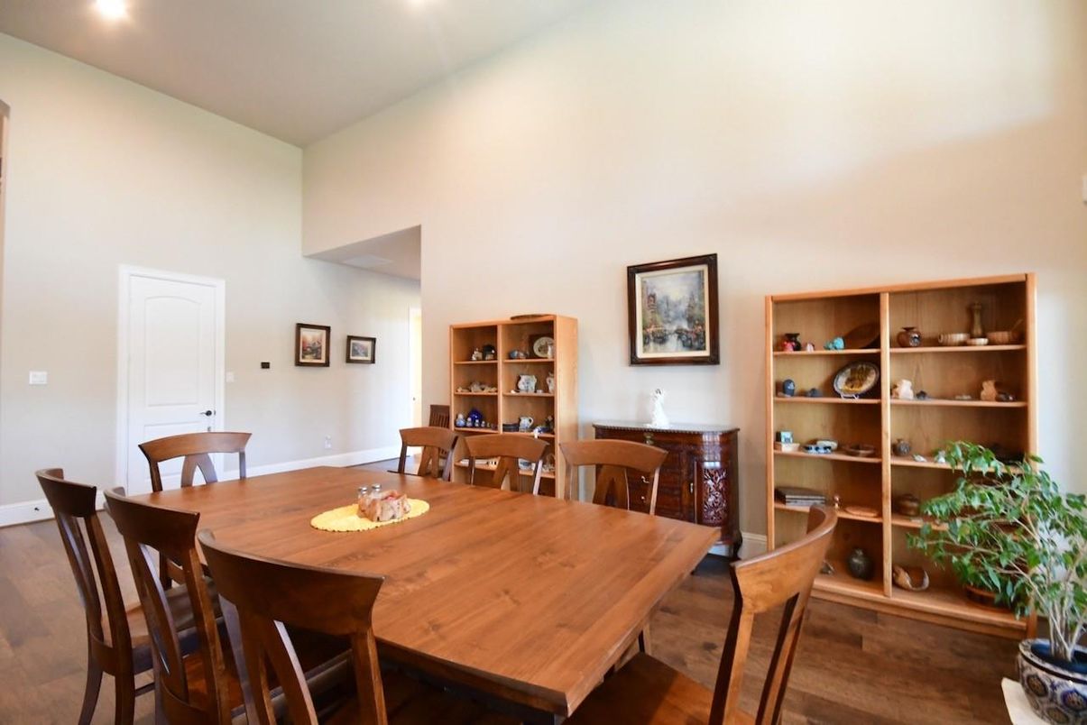 Dining room, Interior, Recessed Lighting, Wood Texture Flooring