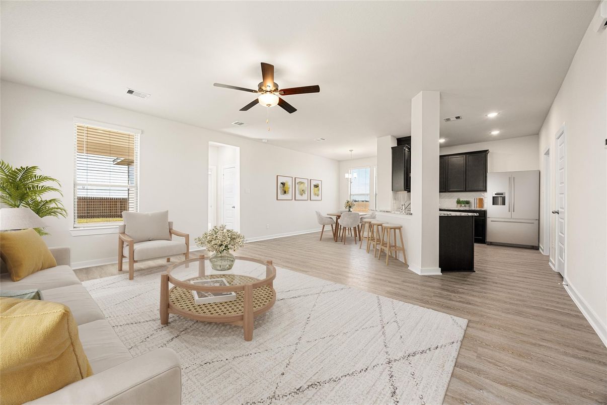 Dining room, Interior, Kitchen, Living room, Pendant Lights, Recessed Lighting, Wood Texture Flooring