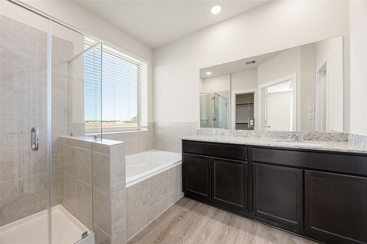 Bathroom, Glass Shower, Interior, Recessed Lighting, Wood Texture Flooring