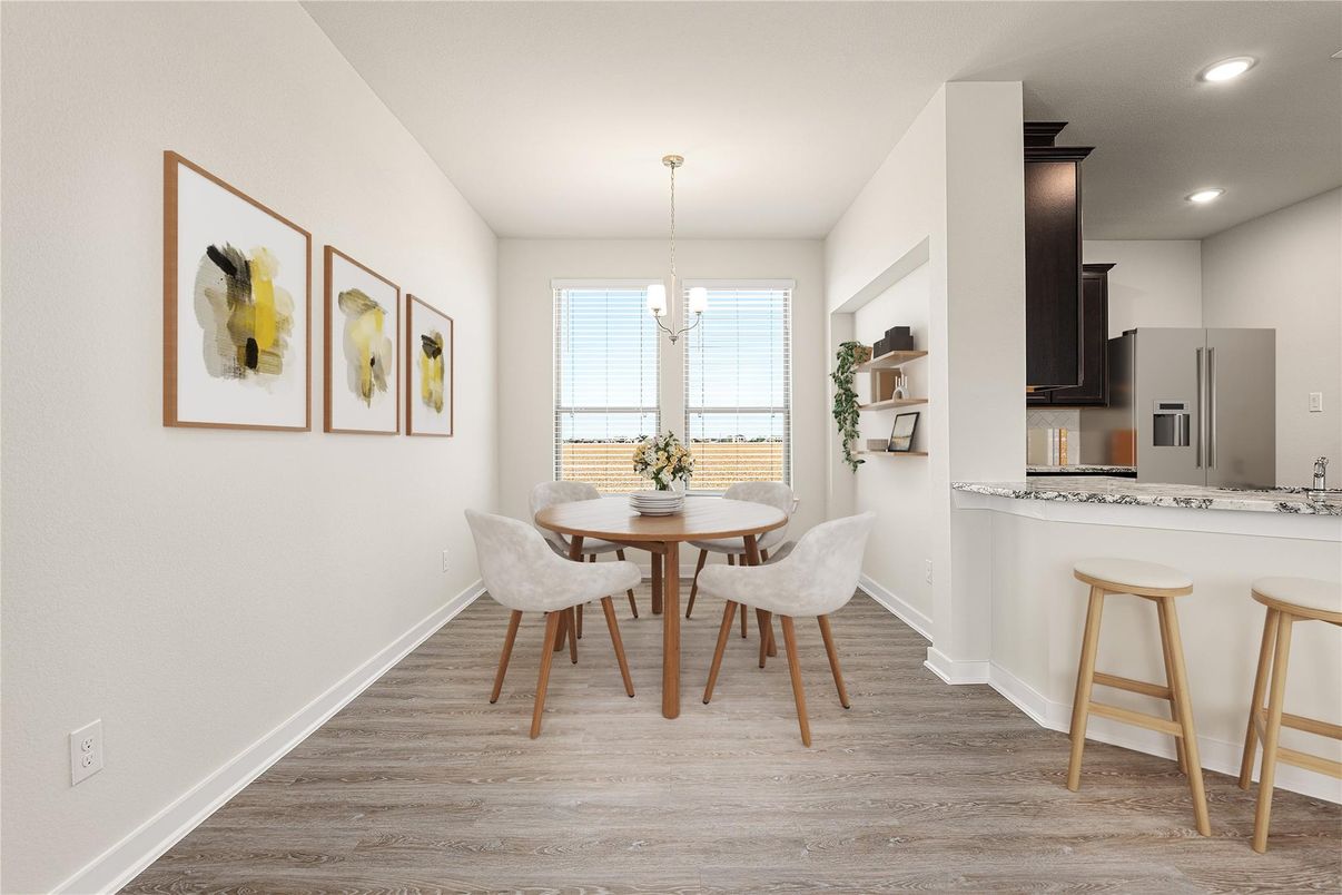 Dining room, Interior, Kitchen, Pendant Lights, Recessed Lighting, Wood Texture Flooring