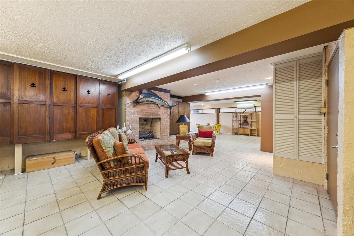 Fireplace, Interior, Living room, Recessed Lighting, Stone Walls