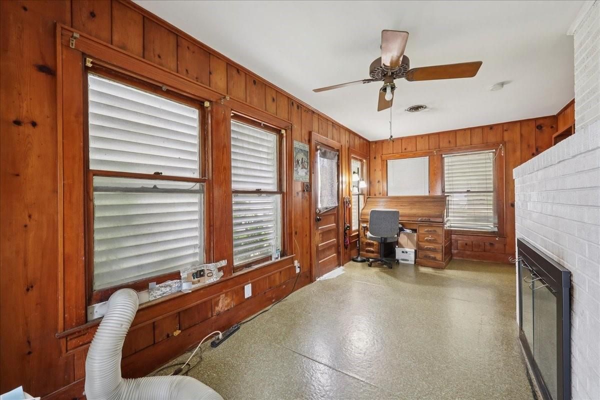 Fireplace, Home Office, Interior, Stone Walls, Wooden Walls