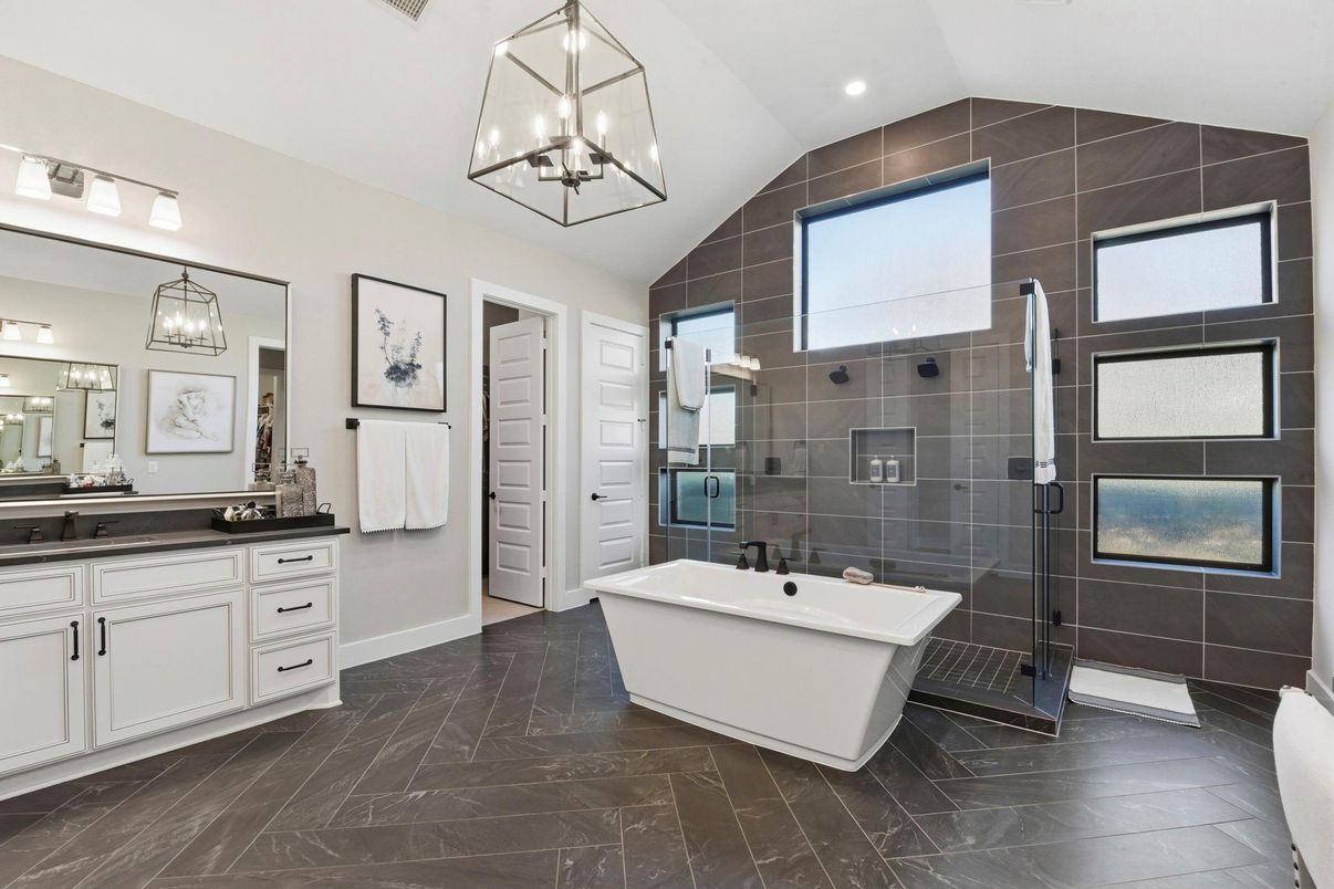Bathroom, Dual Sink Vanities, Free Standing Baths, Glass Shower, Interior, Pendant Lights, Recessed Lighting