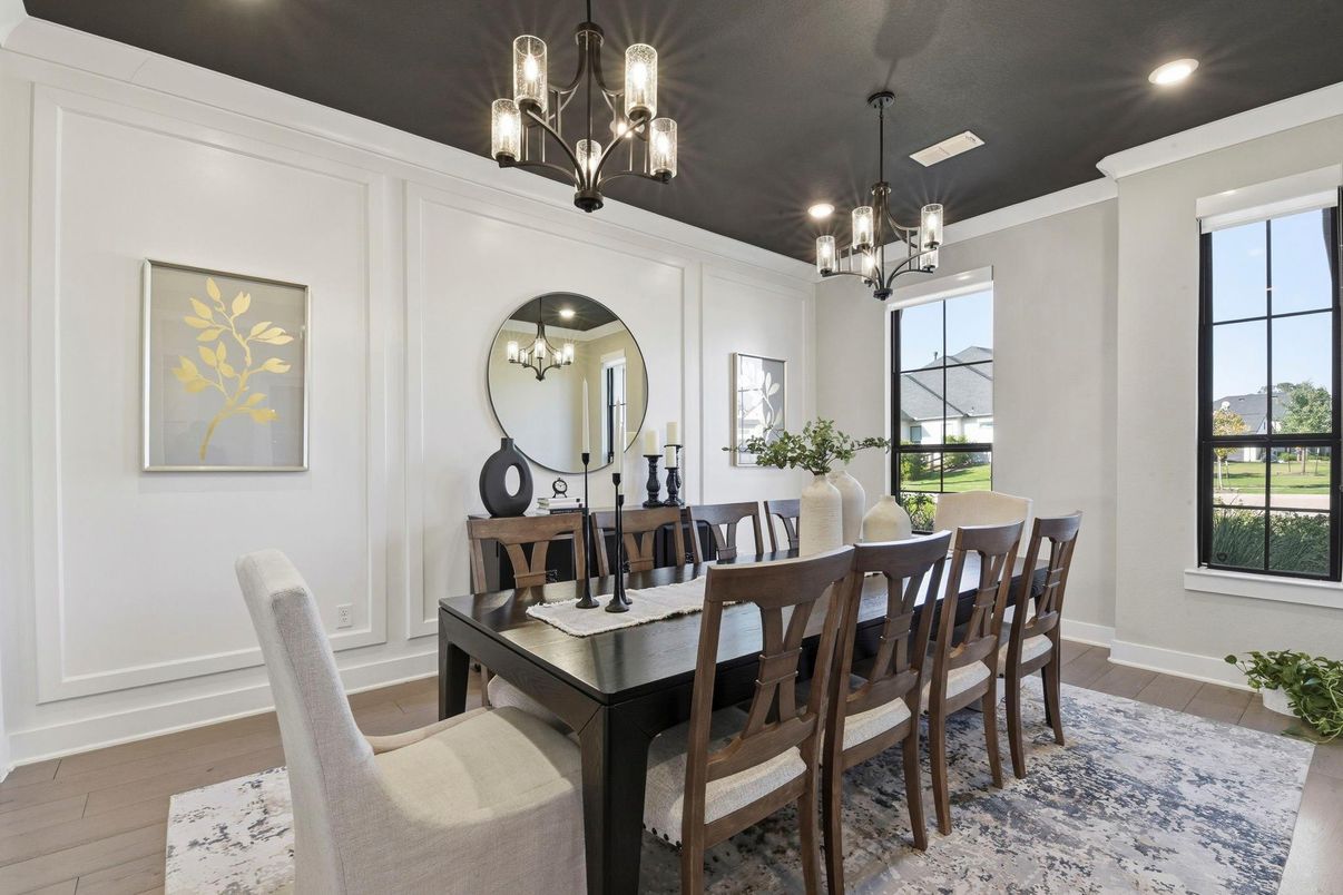 Chandelier, Dining room, Interior, Pendant Lights, Recessed Lighting, Wood Texture Flooring