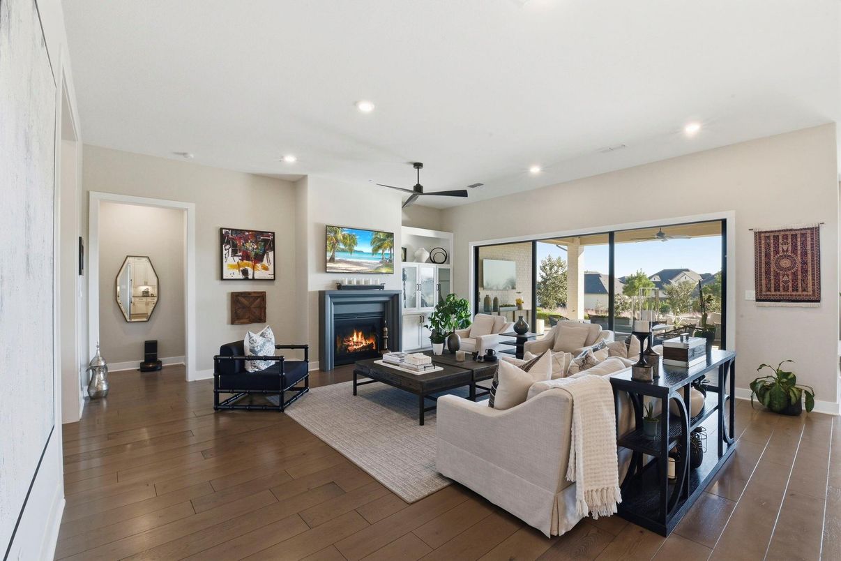 Fireplace, Interior, Living room, Recessed Lighting, Wood Texture Flooring