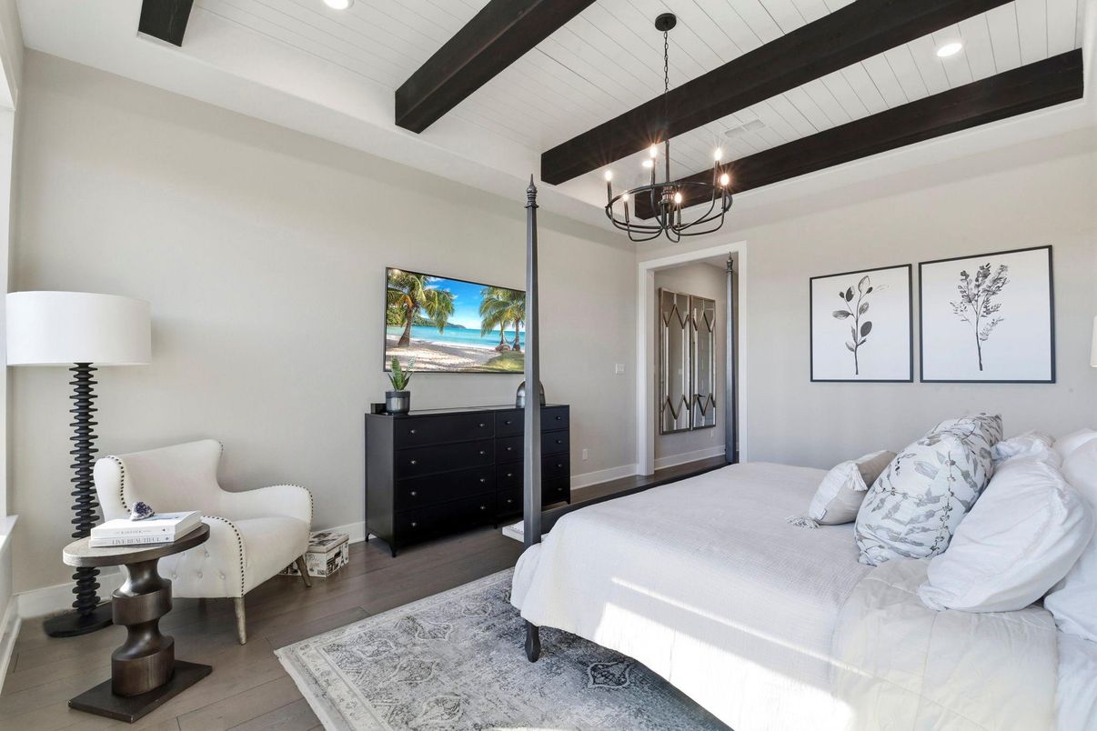 Bedroom, Chandelier, Interior, Recessed Lighting, Wooden Beams, Wood Texture Flooring