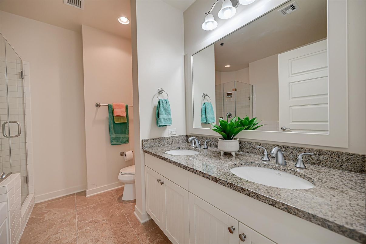 Bathroom, Dual Sink Vanities, Glass Shower, Interior, Recessed Lighting