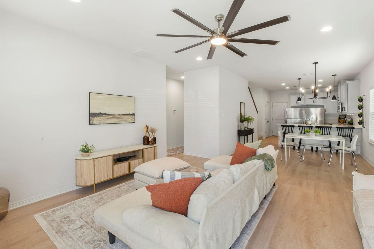 Dining room, Interior, Kitchen, Living room, Pendant Lights, Recessed Lighting, Stainless Steel Appliances, Wood Texture Flooring