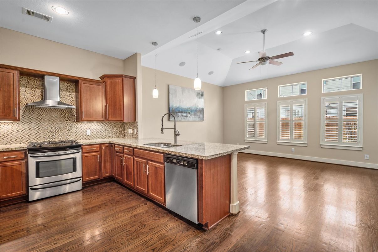 Interior, Kitchen, Pendant Lights, Recessed Lighting, Stainless Steel Appliances, Wood Texture Flooring