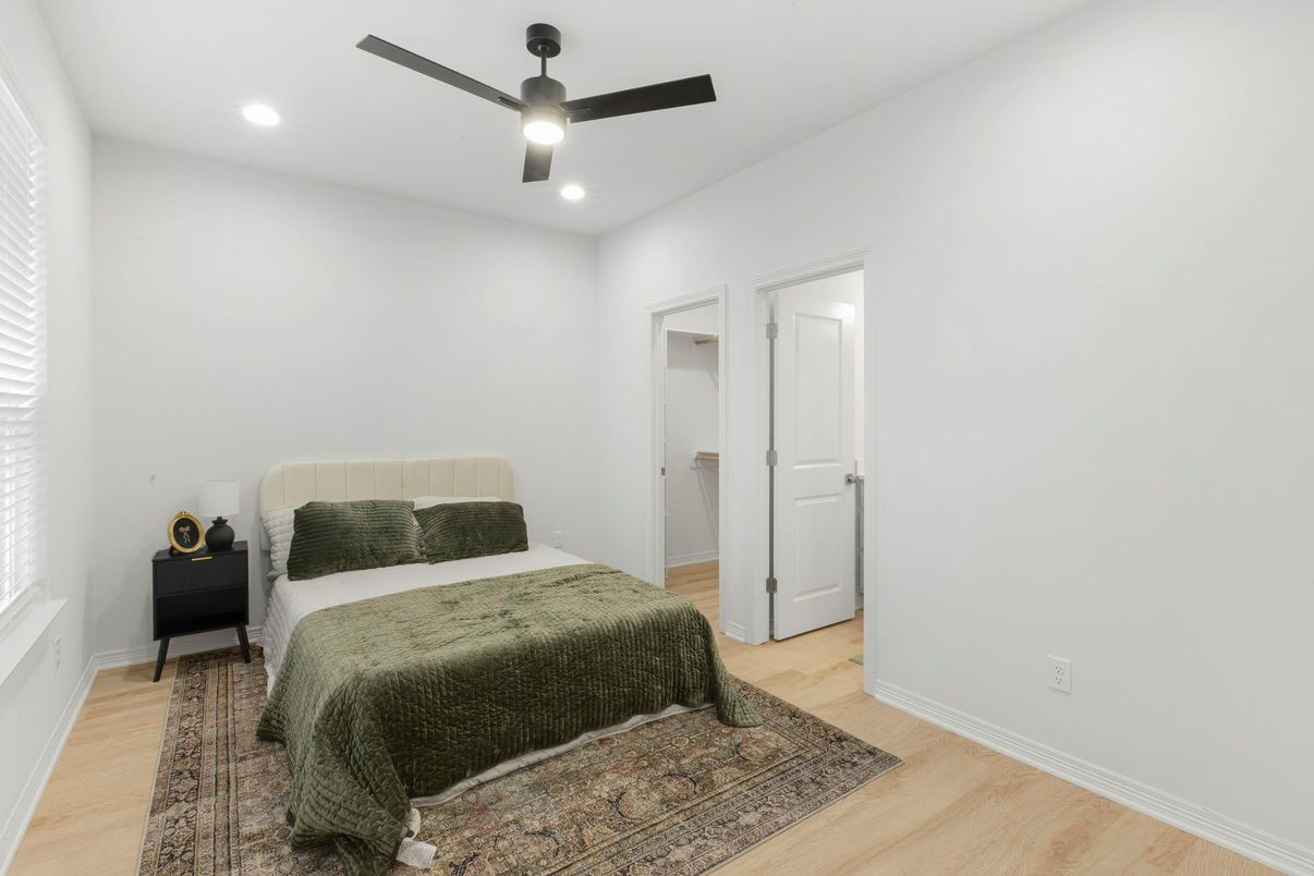 Bedroom, Interior, Recessed Lighting, Wood Texture Flooring