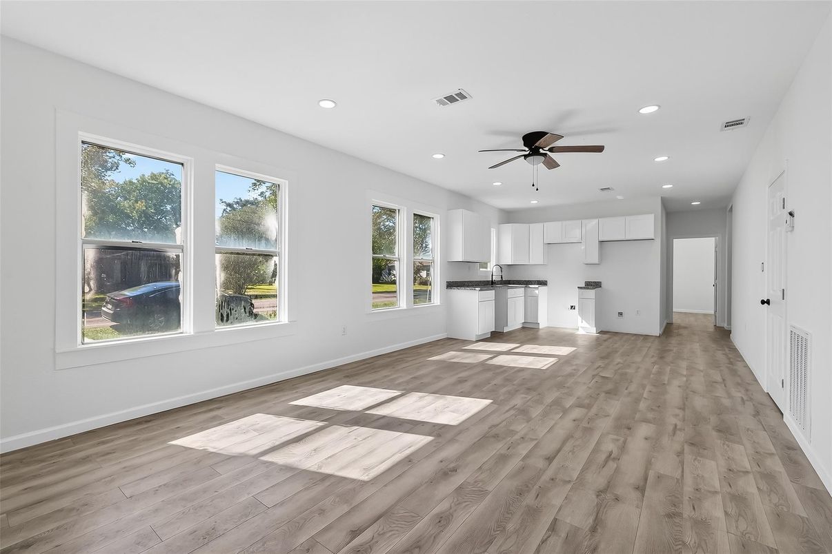 Empty room, Interior, Kitchen, Recessed Lighting, Wood Texture Flooring