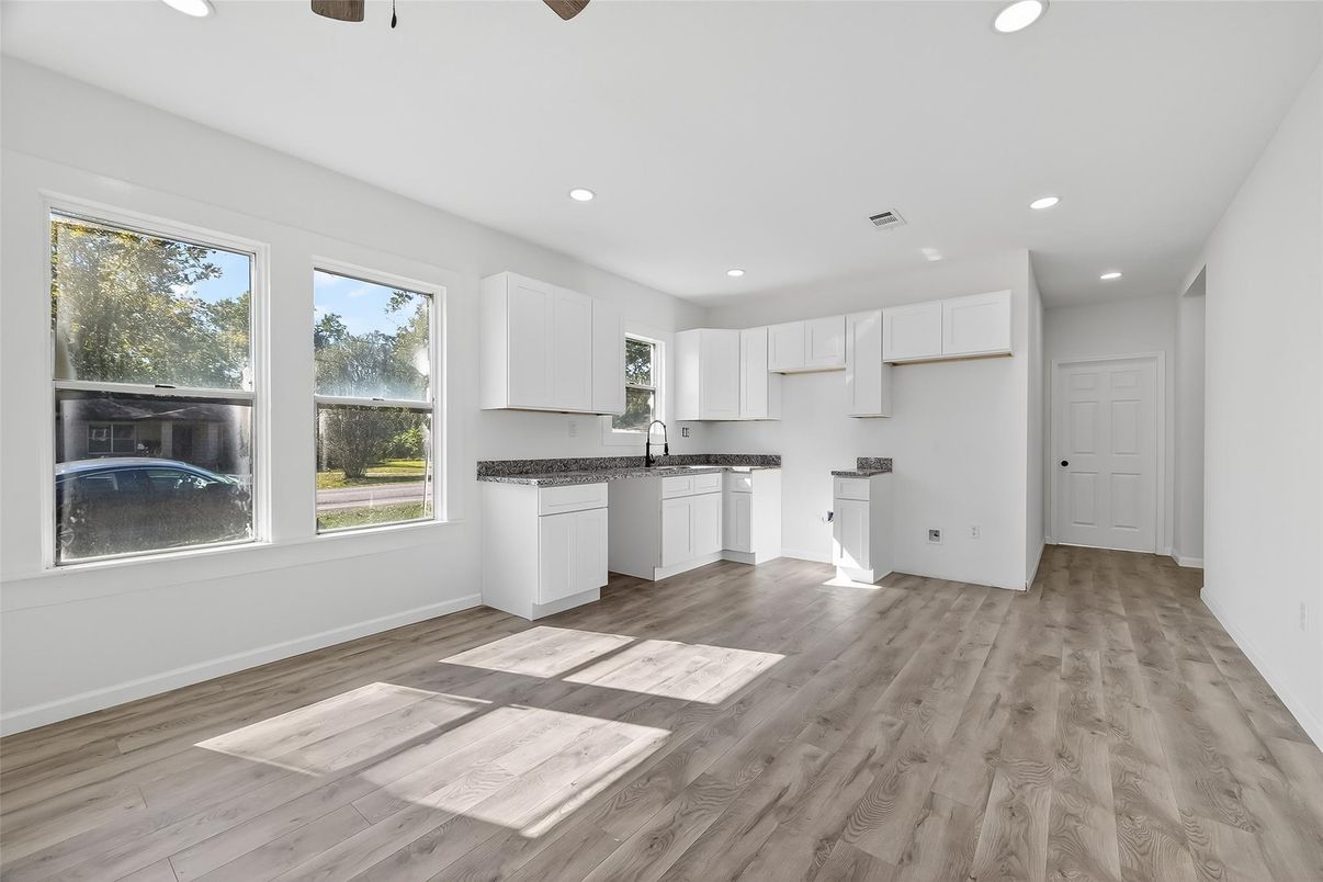 Empty room, Interior, Kitchen, Recessed Lighting, Wood Texture Flooring
