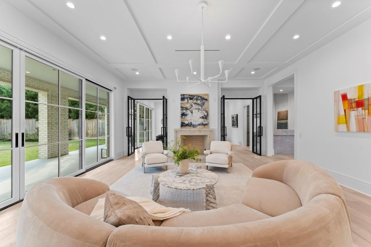 Fireplace, Interior, Living room, Recessed Lighting, Wood Texture Flooring