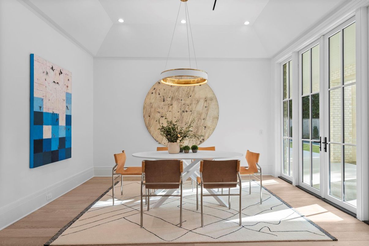 Dining room, Interior, Pendant Lights, Recessed Lighting, Wood Texture Flooring