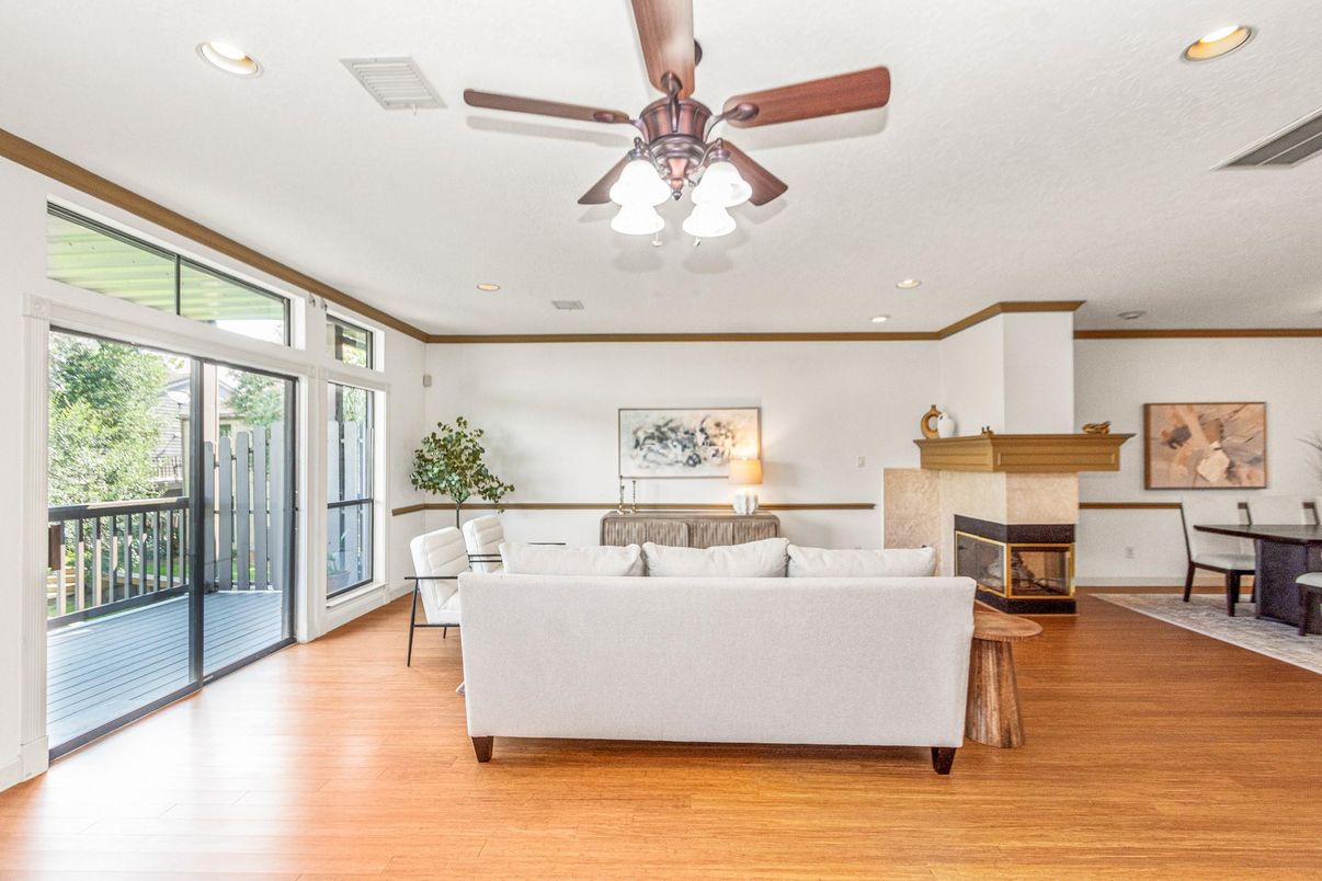 Fireplace, Interior, Living room, Recessed Lighting, Wood Texture Flooring