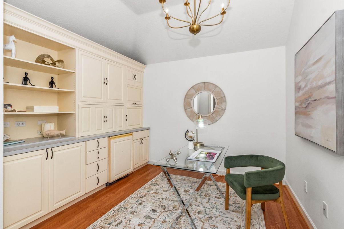 Chandelier, Home Office, Interior, Wood Texture Flooring