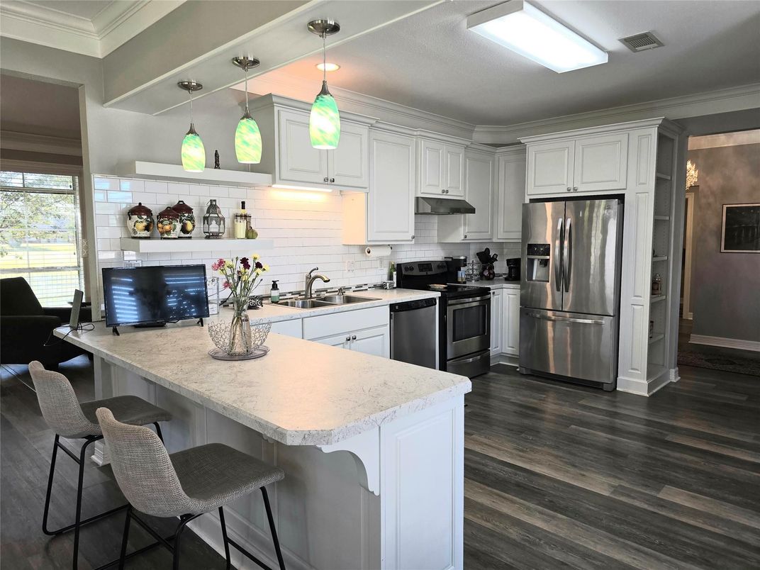Interior, Kitchen, Pendant Lights, Stainless Steel Appliances, Wood Texture Flooring