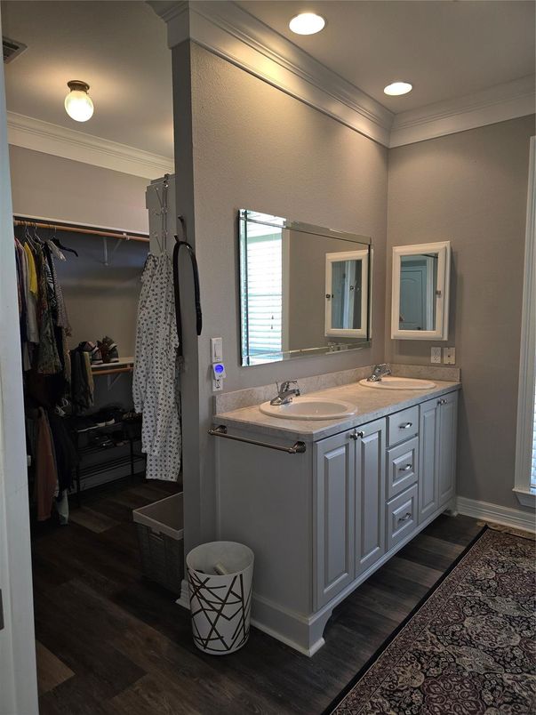 Bathroom, Dual Sink Vanities, Interior, Recessed Lighting, Walk-in Closets, Wood Texture Flooring