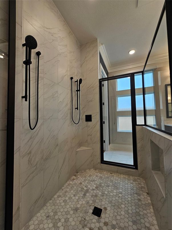 Bathroom, Glass Shower, Interior, Marble Walls, Recessed Lighting