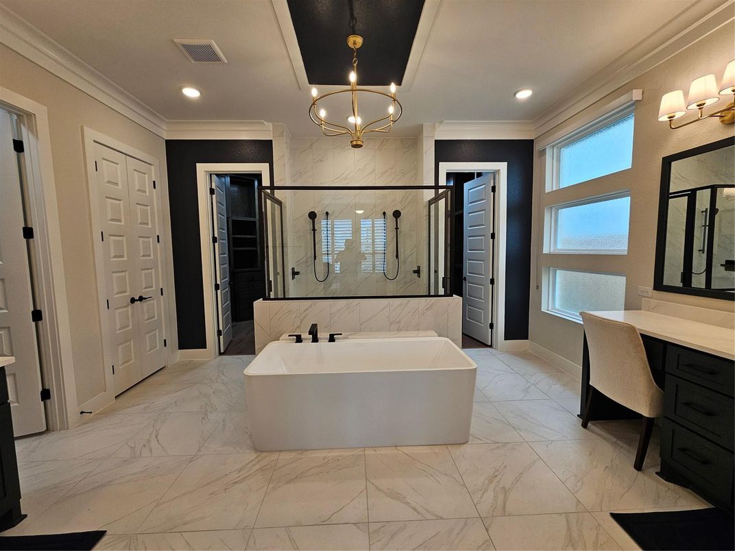 Bathroom, Free Standing Baths, Interior, Marble, Pendant Lights, Recessed Lighting