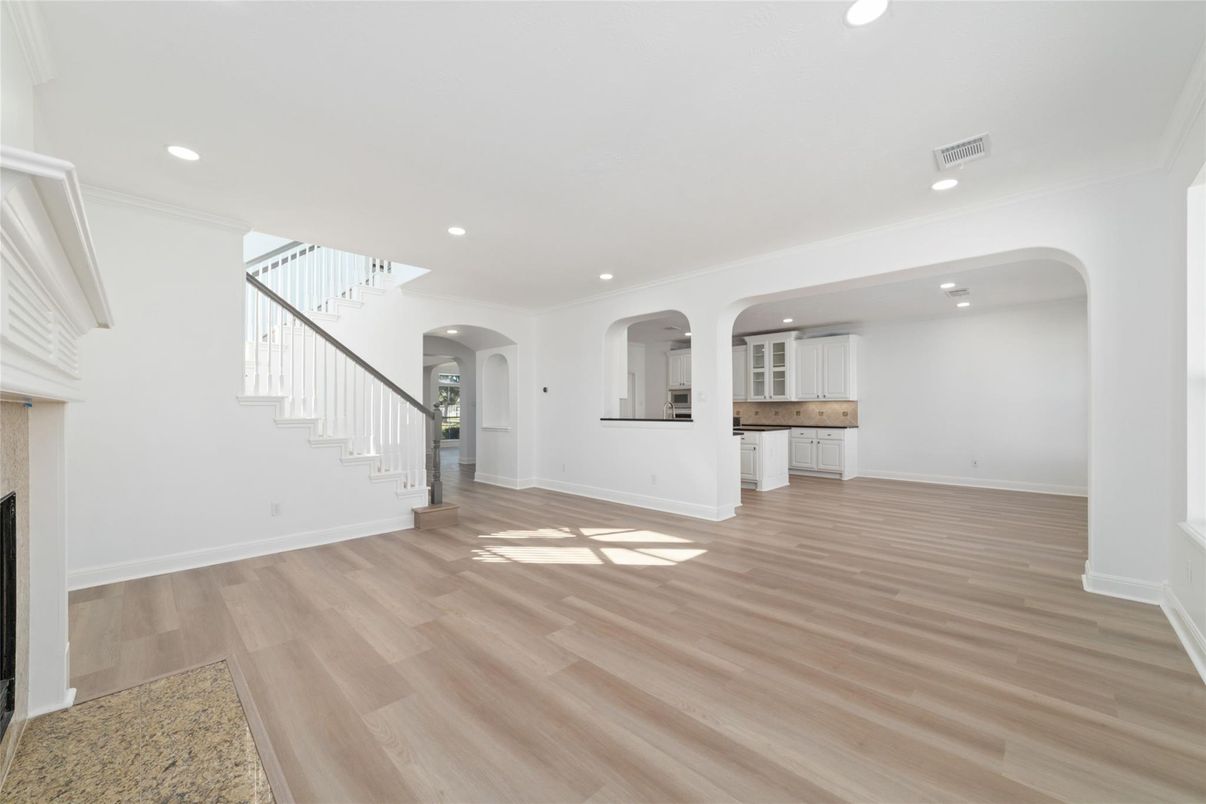 Empty room, Fireplace, Interior, Recessed Lighting, Wood Texture Flooring