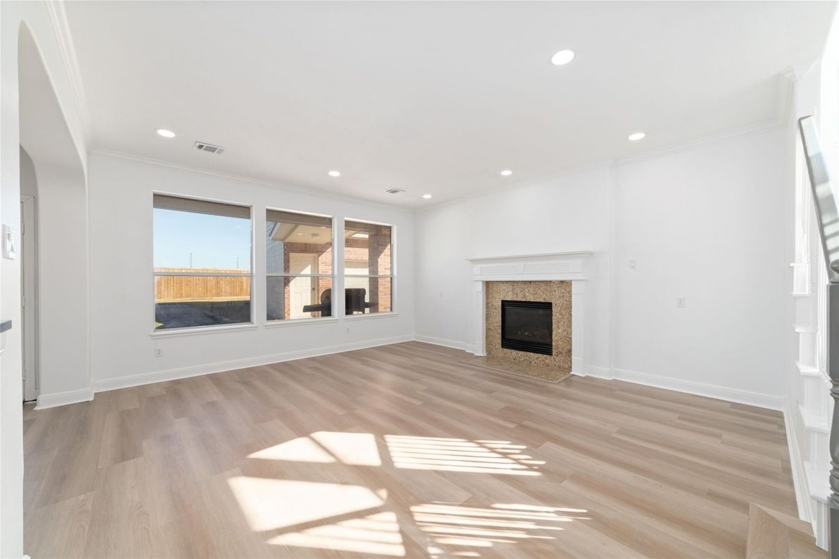 Empty room, Fireplace, Interior, Recessed Lighting, Wood Texture Flooring