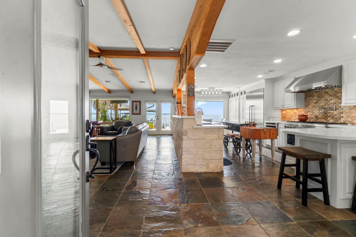 Interior, Kitchen, Living room, Recessed Lighting, Stainless Steel Appliances, Wooden Beams