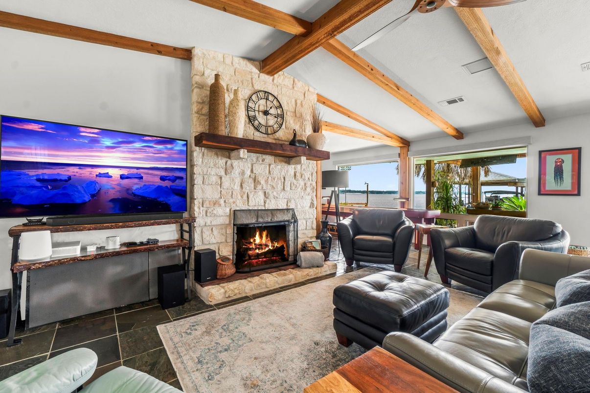 Fireplace, Interior, Living room, Stone Walls, Wooden Beams