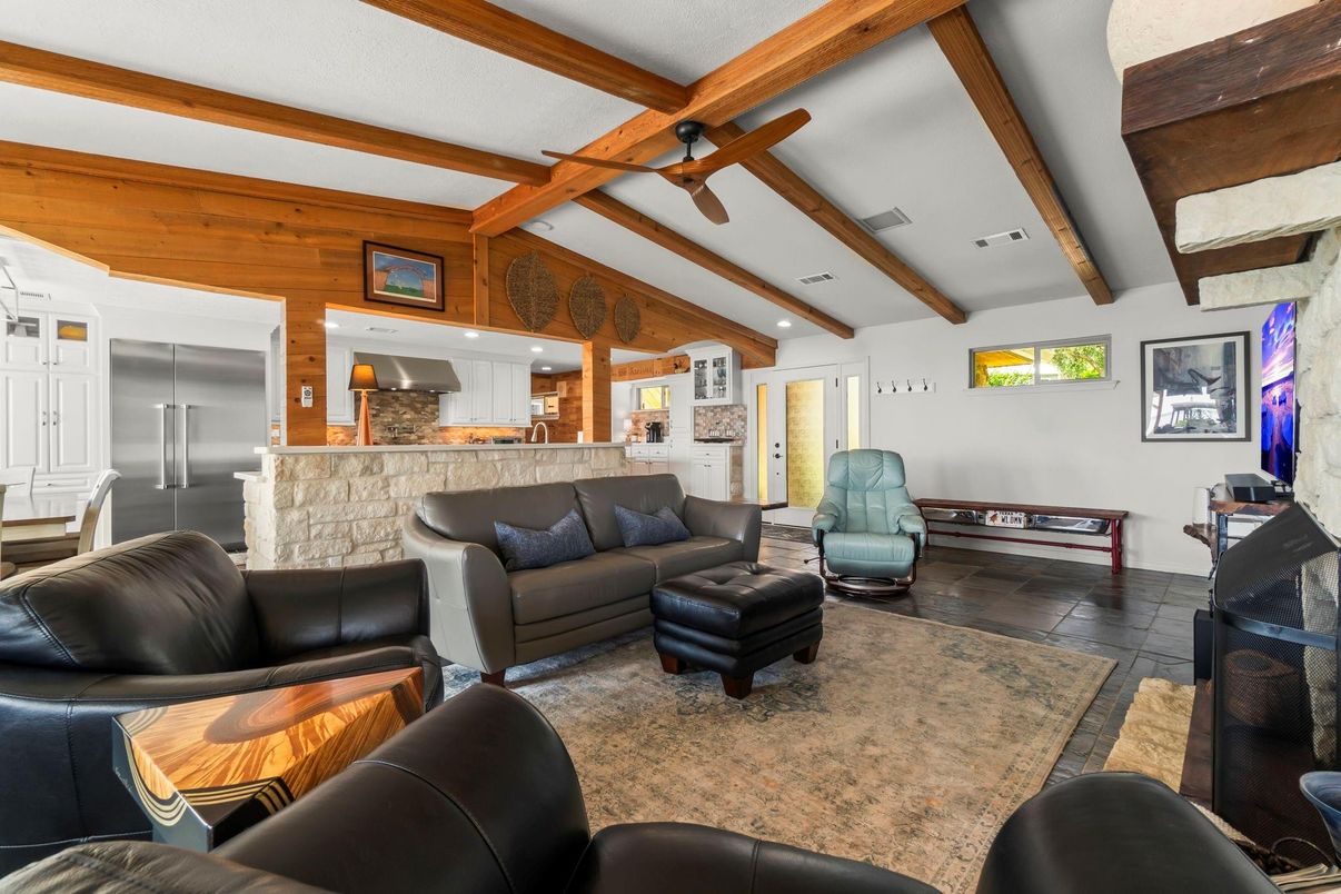 Interior, Kitchen, Living room, Recessed Lighting, Stainless Steel Appliances, Wooden Beams