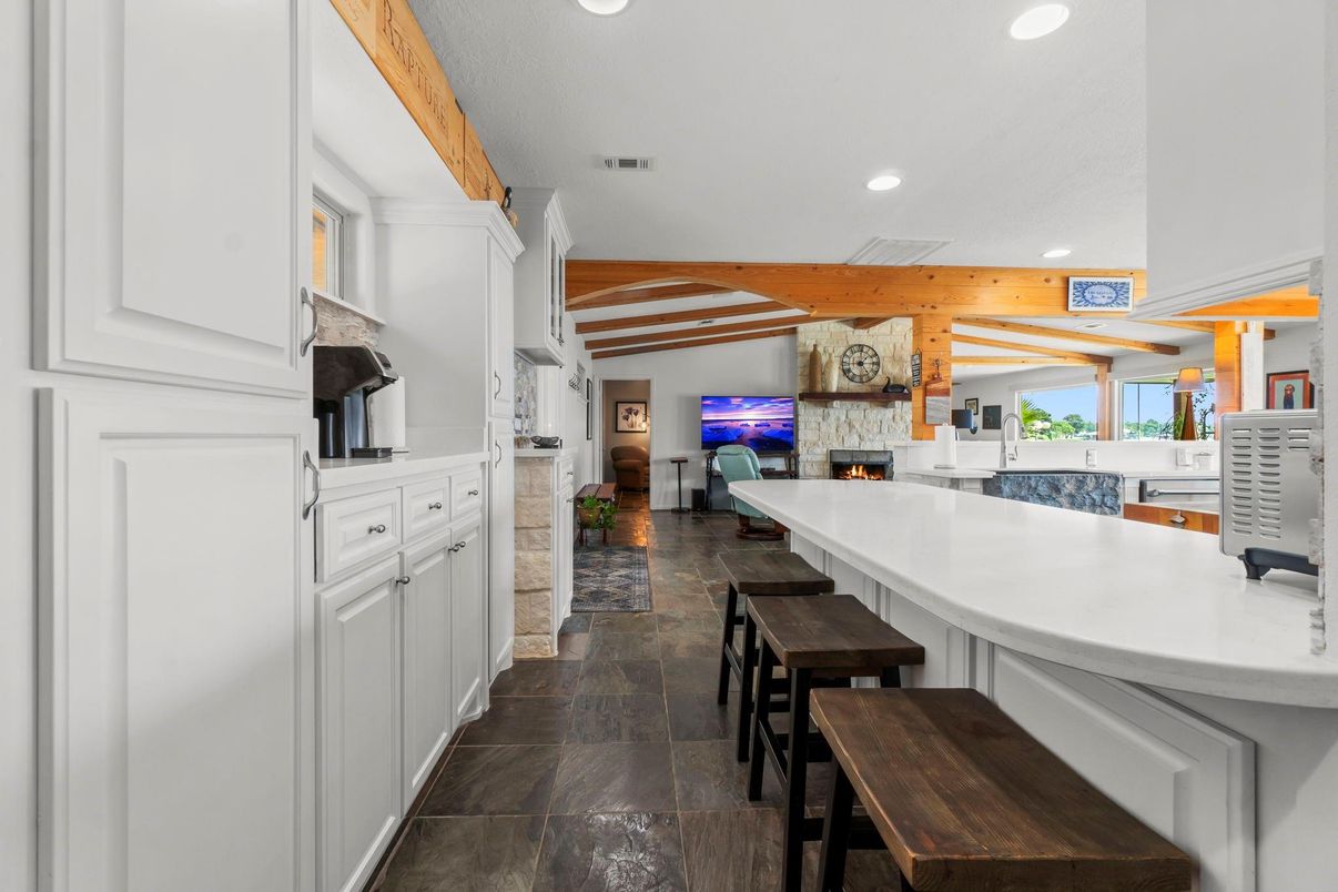 Fireplace, Interior, Recessed Lighting, Wooden Beams