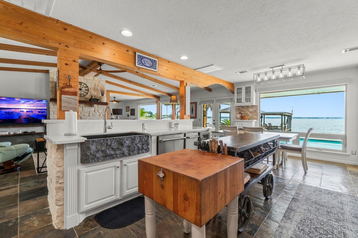 Dining room, Interior, Recessed Lighting, Water, Wooden Beams, Wooden Walls