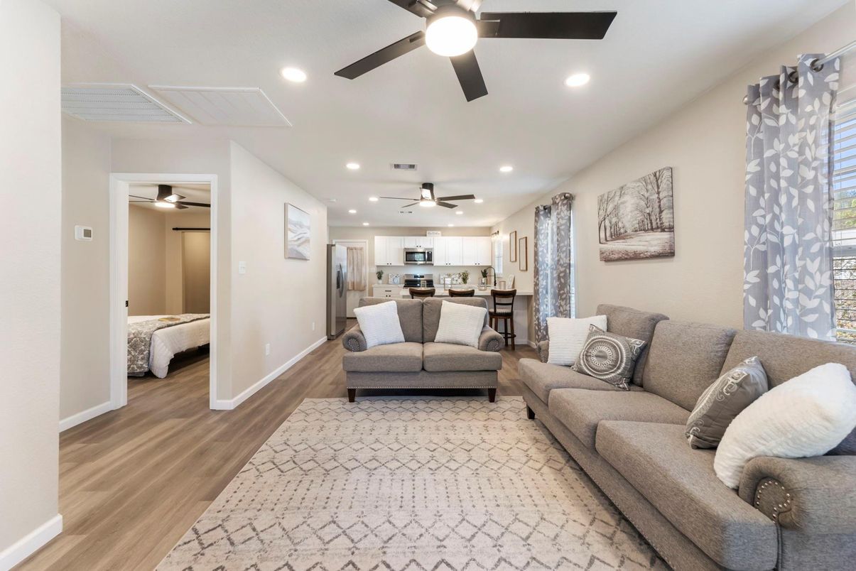 Interior, Kitchen, Living room, Recessed Lighting, Stainless Steel Appliances, Wood Texture Flooring