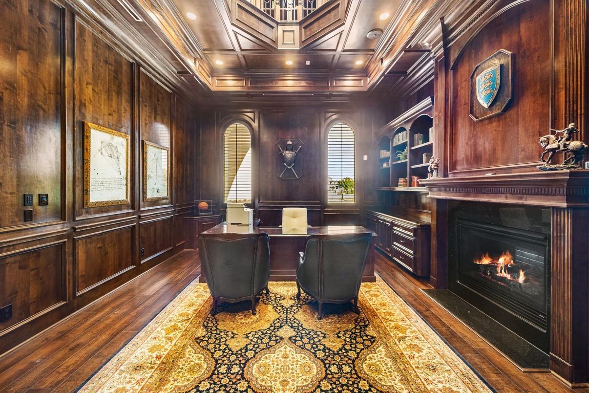 Fireplace, Home Office, Interior, Recessed Lighting, Wood Texture Flooring, Wooden Walls