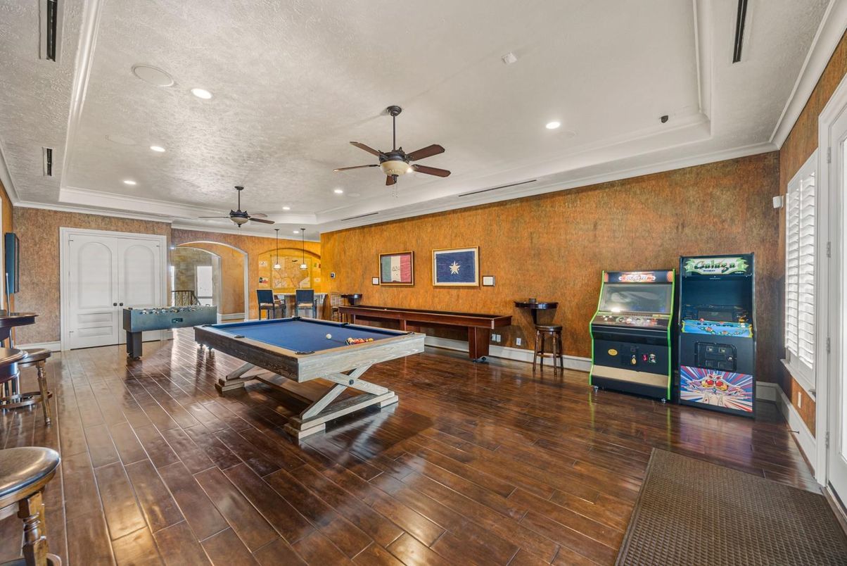 Billiard Table, Game Room, Interior, Recessed Lighting, Wood Texture Flooring, Wooden Walls
