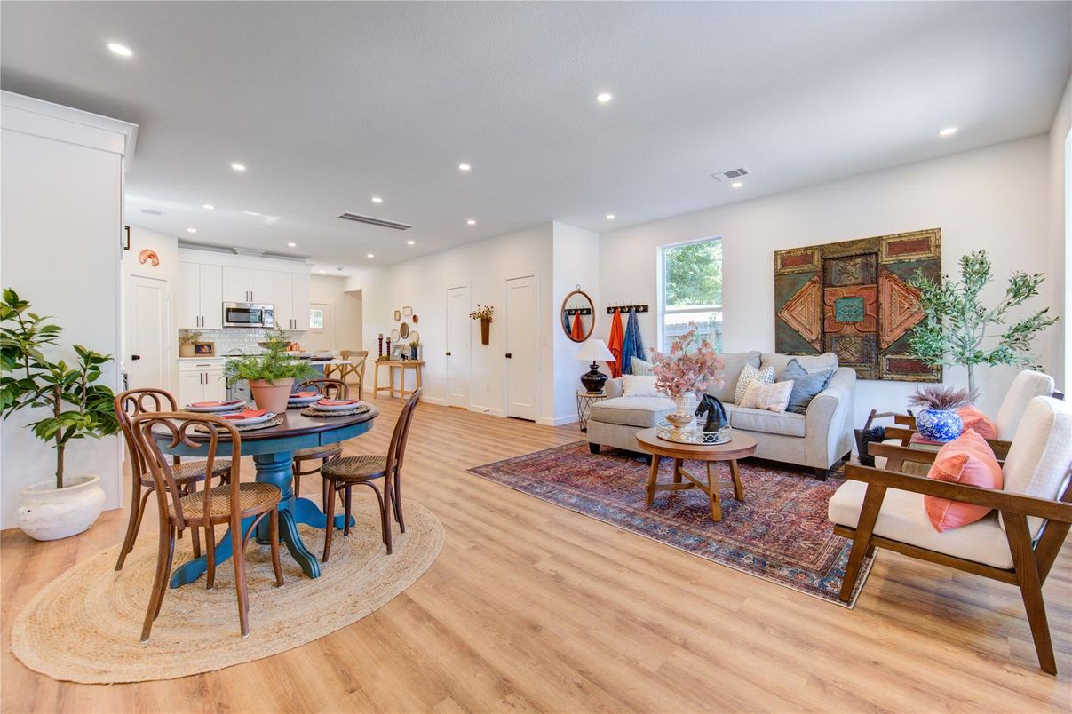 Dining room, Interior, Kitchen, Living room, Recessed Lighting, Wood Texture Flooring