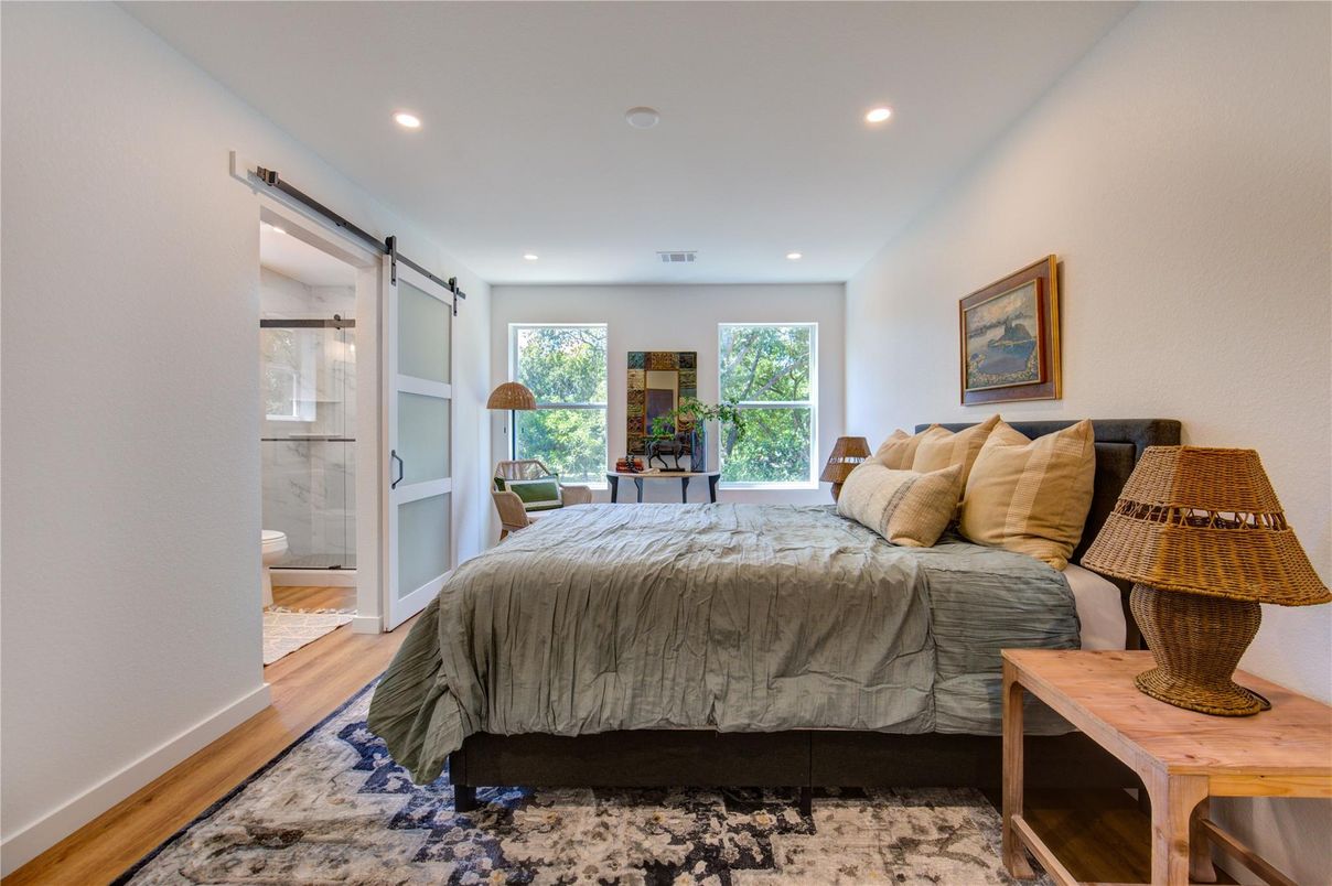 Bedroom, Interior, Recessed Lighting, Wood Texture Flooring