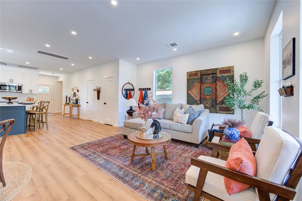Dining room, Interior, Kitchen, Living room, Recessed Lighting, Wood Texture Flooring