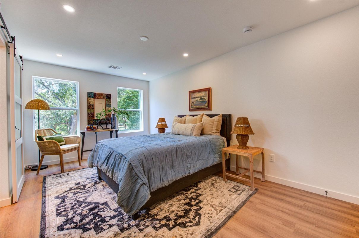 Bedroom, Interior, Recessed Lighting, Wood Texture Flooring