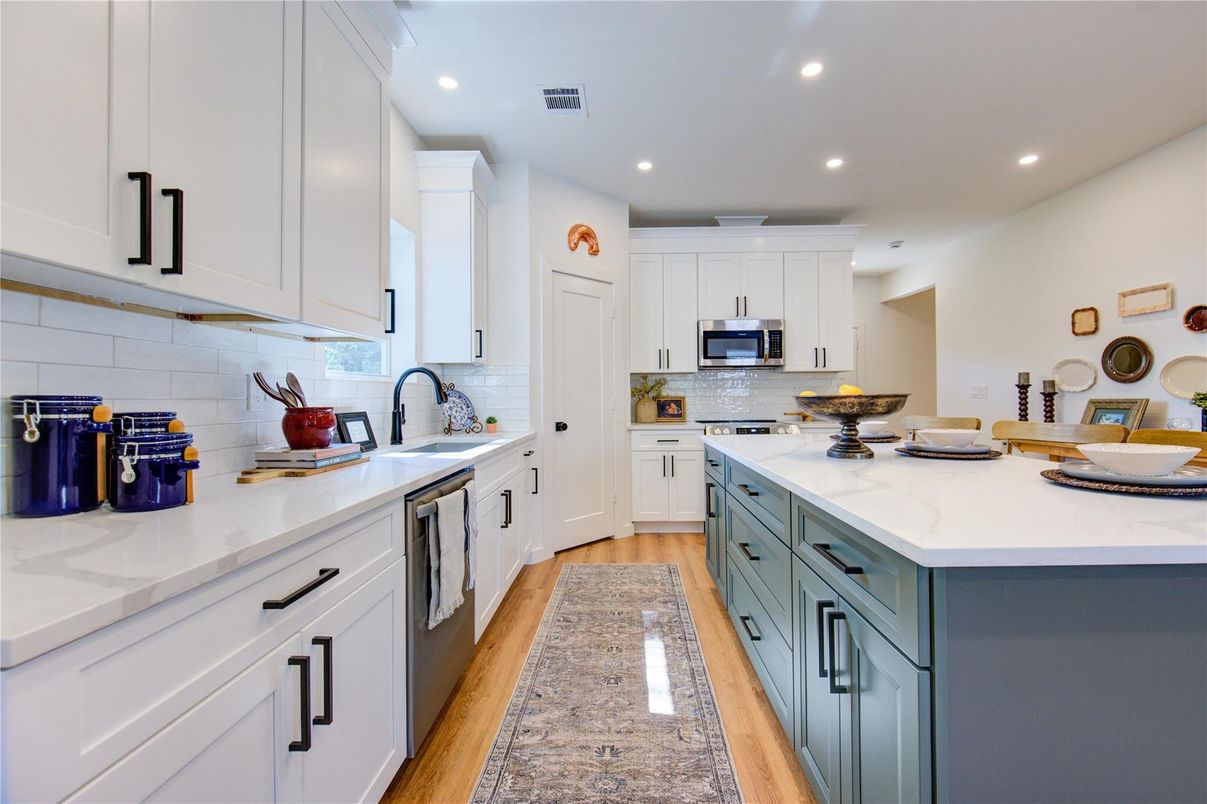 Interior, Kitchen, Recessed Lighting, Stainless Steel Appliances, Wood Texture Flooring